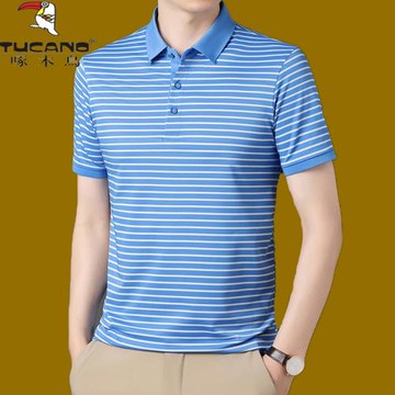 啄木鳥冰絲光棉條紋短袖t恤男夏裝桑蠶絲大碼寬松中年翻領POLO衫T