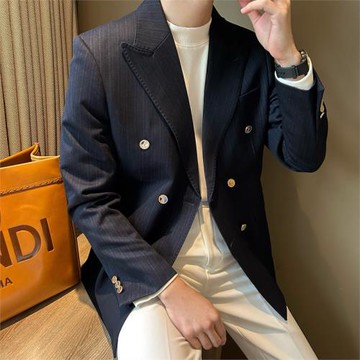 NR先生意式布雷澤雙排扣西服外套男士金屬扣戧駁領暗紋理休閑西裝