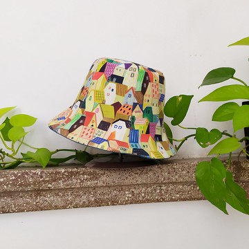 手工雙面漁夫帽/短帽簷/遮陽帽/彩色插畫房子