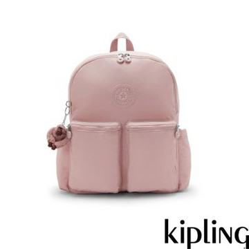 Kipling 絲絨粉多拉鍊收納後背包-CHARNELL