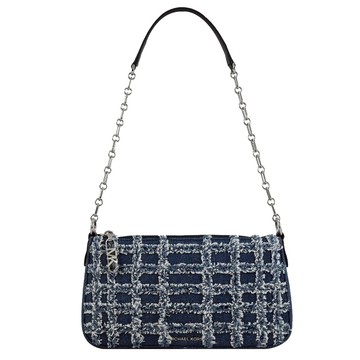 MICHAEL KORS EMPIRE 織布毛邊格紋拉鍊單肩包.牛仔藍