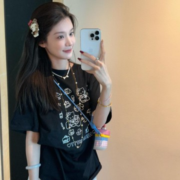 100%純棉美式新款印花塗鴉短袖可愛夏季寬鬆圓領ins情侶上衣通勤t
