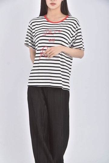 (M) 502 style質感條紋白色短袖上衣