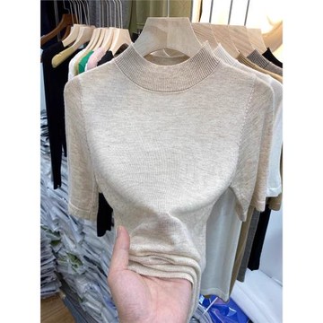 夏季薄款羊毛修身軟糯不起球中袖針織衫女裝半高領百搭五分袖上衣