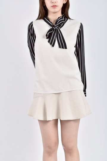 (M) 條紋長袖黑色襯衫上衣