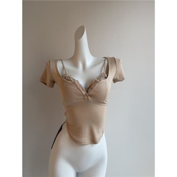 POPW 性感純欲修身短袖T恤蕾絲拼接內搭兩件套套裝