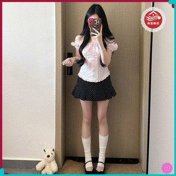 🎀修身上衣🎀韓係甜美小衫方領一字肩泡泡袖正肩短袖襯衫女蝴蝶結襯衣粉色上衣 UIFR