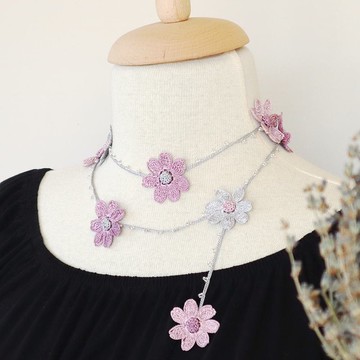 蕾絲編織 90 公分長項鍊【雛菊】丁香霧紫