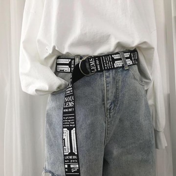 雙環扣帆布褲腰帶韓版男女通用簡約百搭學生英文字母皮帶寬布帶潮