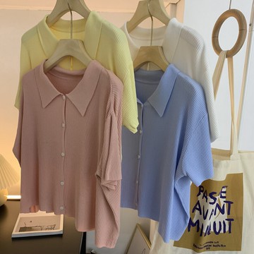 bm風薄款開衫女上衣V-4夏季短袖polo領復古寬松慵懶短款針織衫潮