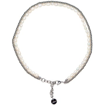 MIXTURE MP047 天然米型淡水珍珠 / 純鋼實心小圓珠鋼珠雙鍊 項鍊