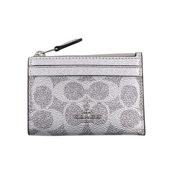 COACH金屬珠光銀色C Logo PVC 拼接防刮皮前卡夾鑰匙零錢包