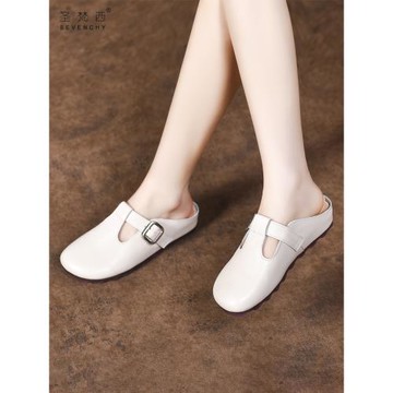 2025新款勃肯包頭半拖鞋女夏季外穿懶人一腳蹬軟底平底真皮涼拖鞋