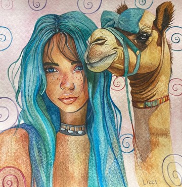 水彩畫女孩與駱駝，動物，幻想，藍色，原創禮物