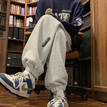 灰色運動褲男美式復古高街褲子春秋青少年休閑褲束腳寬松重磅衛褲