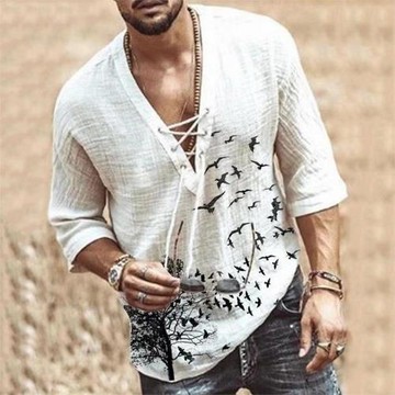 Men Casual Lace-Up Printed Mid Sleeve T-Shirt男士休閑中袖T恤
