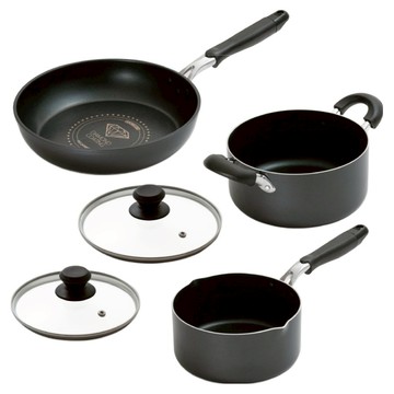 IRIS OHYAMA 愛麗思歐雅瑪 鑽石塗層鍋具 湯鍋5件組 DCI-FP5S  20公分雙耳湯鍋 + 16公分湯鍋 + 26公分平底鍋 + 16公分鍋蓋 + 20公分鍋蓋  黑色  1套