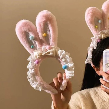 【蜜糖の髮箍】臺灣出貨小白兔lolita髮飾可愛蝴蝶結兔耳朵毛絨髮箍蕾絲花邊洗臉頭箍髮卡