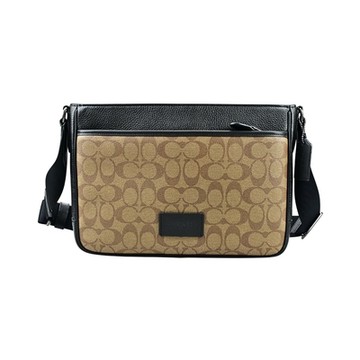 COACH卡其C Logo PVC黑邊皮飾方型斜背男包