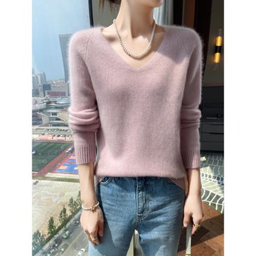 高級感慵懶baby小山羊絨衫女V領加厚慵懶針織打底衫寬松內搭毛衣