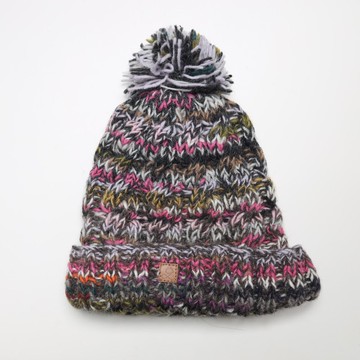 黑粉毛球雜線翻邊純羊毛線手工編織全襯防風毛帽|交換禮物|聖誕節