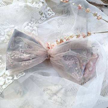 膚橘 /夢幻格紋刺繡雪紗珍珠鬆緊帶髮帶 領巾