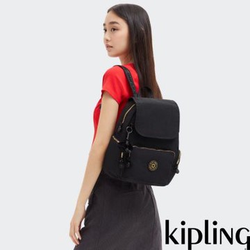 『猴子包』Kipling 黑底撞色拉鍊掀蓋拉鍊後背包-CITY ZIP S