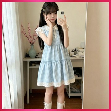 『ATC』日系|娃娃領洋裝|格紋洋裝|軟妹|可愛小熊格子蝴蝶結設計睡裙新款夏季超仙甜美飛飛袖連衣裙女
