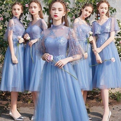 結婚式ワンピース 二次会 ドレス ブライズメイド ドレス 結婚式 ブルー ミモレ丈 フォーマルドレス ピアノ発表会 Vネック フリル 結婚式ドレス パーティドレス 通販 Lineポイント最大get Lineショッピング