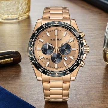 CITIZEN 星辰 Chronograph 紳男三眼計時手錶 暑期質感選物 送禮首選-玫瑰金x黑/44mm AN8236-52P