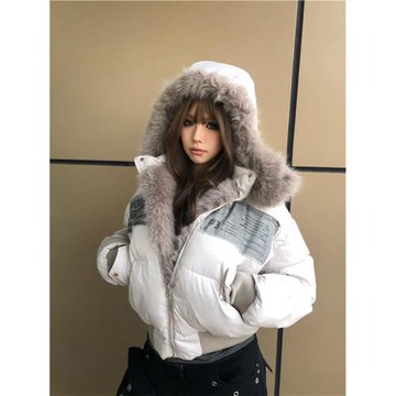 美式毛領連帽羽絨棉服外套女冬季加絨加厚保暖小個子短款棉衣棉襖