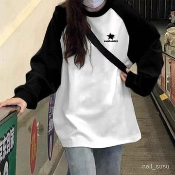 P3-春秋新款100%純棉黑白拚接設計長袖T恤上衣顯瘦韓版打底寬鬆ins潮