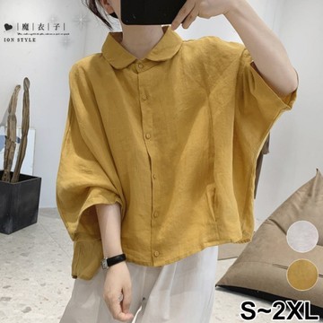 【QV5064】魔衣子-素色寬鬆短版五分袖棉麻襯衫