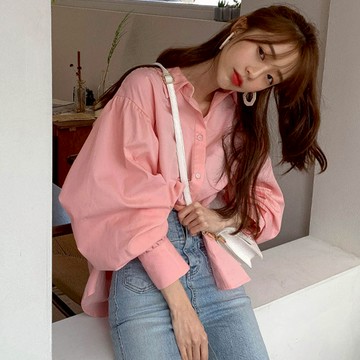 【太妮絲M176】現貨 韓妞 本命粉色 PINK 泡泡袖襯衫 燈籠袖 長袖襯衫 罩衫 甜美 CHIC 簡約 翻領