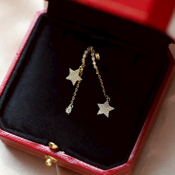 925純銀不對稱星星耳環女五角星長款新款潮流蘇韓國滿鉆超閃1入