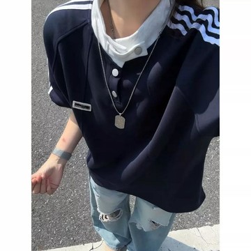 美式復古三條槓polo衫短袖男生夏季重磅亨利領t恤少年感正肩半袖 韓系高街 落肩寬鬆 時髦感爆表男生穿搭  時尚潮流 百