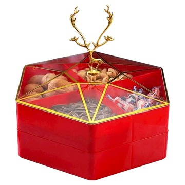 摩達客農曆春節開運金鹿送福糖果盒水果盤聚寶盆(紅色)1入 新年居家裝飾 招財聚寶 送禮自用兩相宜  26 x 22cm