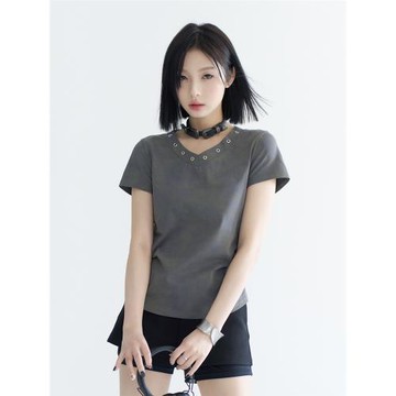 萬有引力博物館 V領正肩短袖T恤女夏季2024年新款設計感修身上衣