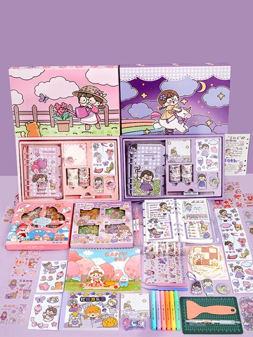 三年二班 小麻球手賬本套裝禮盒可愛活頁手帳本少女心手杖貼紙素材大禮包筆記本本子禮物文具工具材料日記本