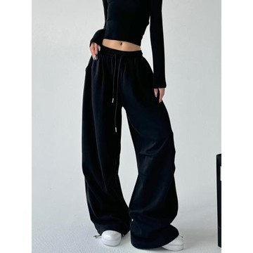 黑色衛褲女2025秋冬束腳hiphop工裝闊腿休閑褲直筒寬松美式運動褲