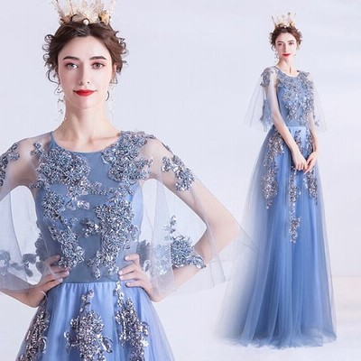 ロングドレス ブルー スパンコール イブニングドレス キラキラ 発表会 演奏会ドレス Aライン 編み上げ 二次会ドレス お呼ばれ パーティードレス 通販 Lineポイント最大get Lineショッピング