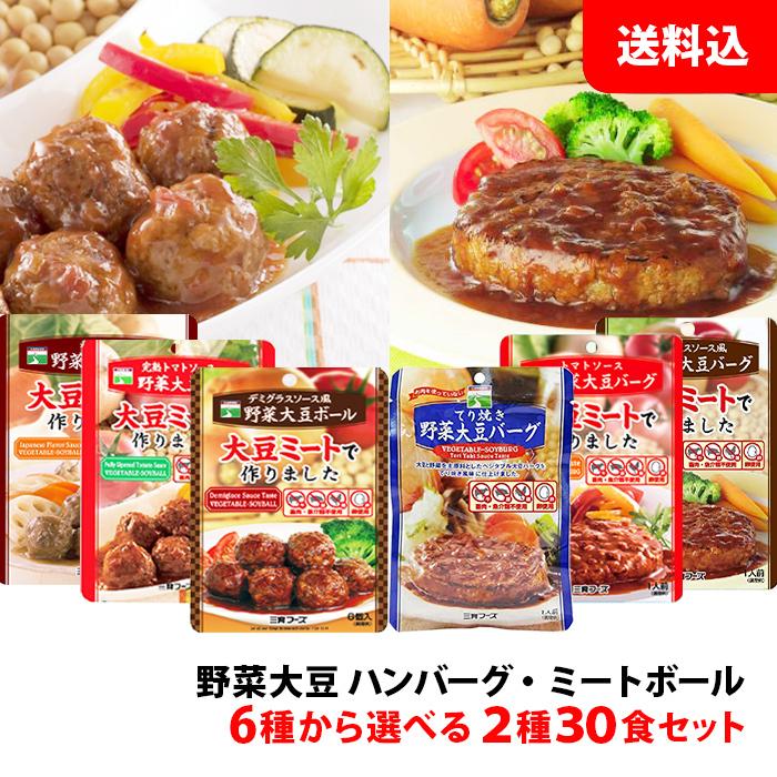 送料無料 野菜大豆バーグ   ミートボール 6種類から選べる2種 30食セット (15食入り×2箱) まとめ買い 三育フーズ 大豆ミート