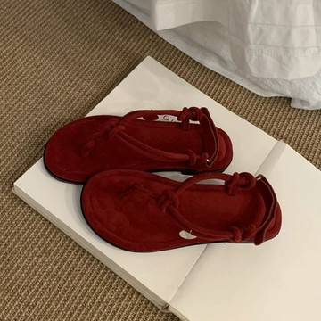 👡爆款直降價👡 羅馬涼鞋 夏季 韓系版 女鞋 絕美紅色平底軟底涼鞋外穿2025夏季新款夾趾涼鞋沙灘度假法式羅馬