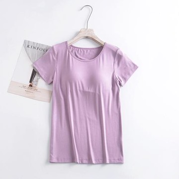 新款50S莫代爾帶胸墊短袖純色罩杯一體t恤簡約打底衫大碼半袖夏季