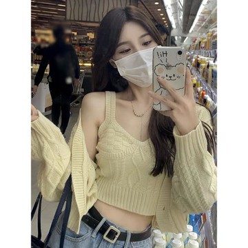 韓風chic春季上衣女裝小個子毛衣外套港味長袖短款針織衫開衫背心