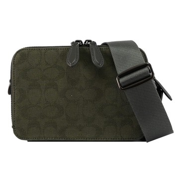 COACH CU206 CHARTER 經典緹花LOGO織布雙層斜背包.軍綠