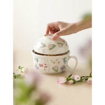 藍蓮花泡面碗帶蓋微波爐個人陶瓷碗帶把手食堂飯盒上班族飯碗專用