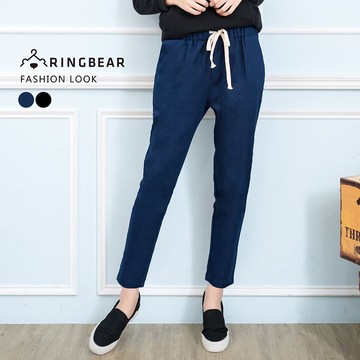 哈倫褲--簡約風格休閒抽繩鬆緊帶率性口袋顯瘦長褲(黑.藍S-6L)-P132眼圈熊中大尺碼