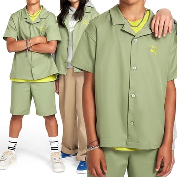 Nike K NIKE SB DF BWLNG SHIRT 童裝 大童 綠色 古巴領 休閒 短袖 襯衫 FV0406-386