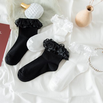 Lolita花邊中筒襪 百搭白色黑色女襪 可愛日系jk襪子 蘿莉塔女生襪